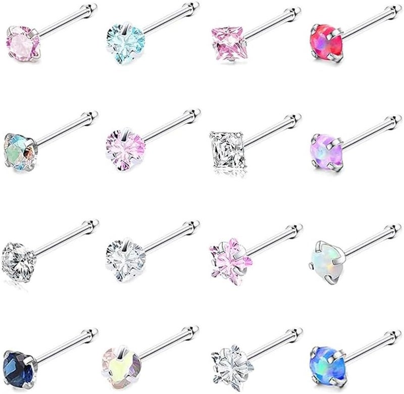 SEEDRILL Nose Rings Studs for Women 16Pcs 18g/20g Nose Studs Hypoallergenic 316L Surgical Steel Nose Piercings Jewelry 3mm CZ & Opal Nose Ring L Shape Nose Stud 20 Gauge Nose Screw Studs - Image 1